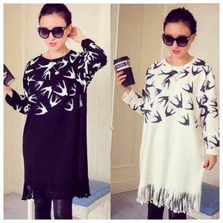 Ceres Maternity Swallow Print Fringed Long-Sleeve Dress