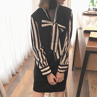 Eva Fashion Mock Two-piece Contrast Stripe Panel Woolen Dress