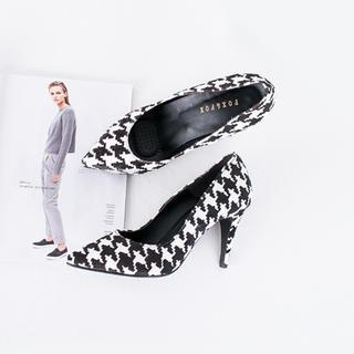 J-ANN Genuine Leather Houndstooth Pumps