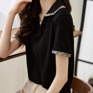 Short-Sleeve Collared V-Neck Contrast Trim Top Black - One Size