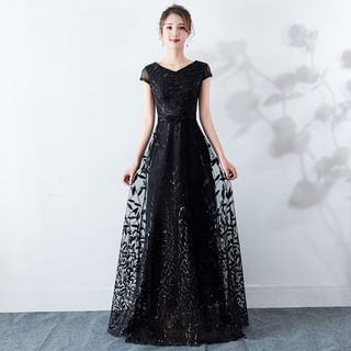 Short-Sleeve Leaf Embroidered Sequin A-Line Evening Gown