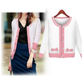 Cherry Dress Faux-Pearl Accent Bow Patterned Knit Jacket