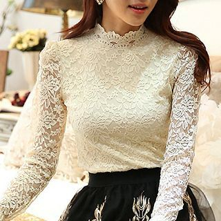 Fashion Street Long-Sleeve Stand Collar Lace Blouse