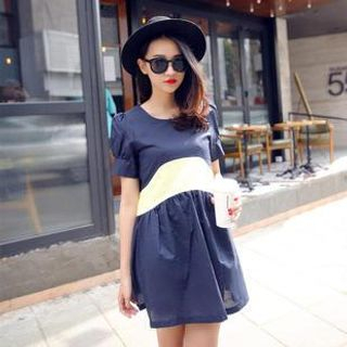 SUYISODA Short-Sleeve Contrast Colour A-Line Dress