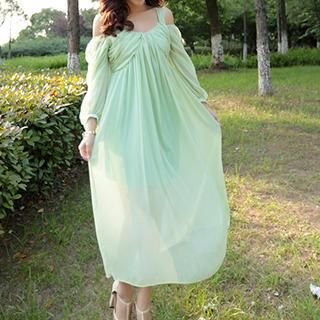 Amella Cutaway-Shoulder Chiffon Long Dress