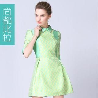 Sentubila Elbow-Sleeve Collared Pattern A-Line Dress