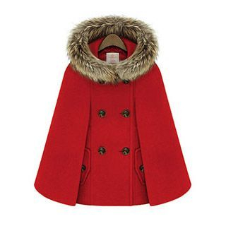 AGA Double-breasted Faux Fur Trim Woolen Jacket