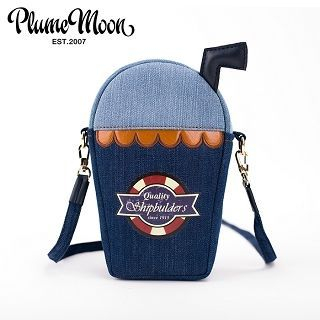 Plume Moon Applique Denim Cross Bag Blue - One Size