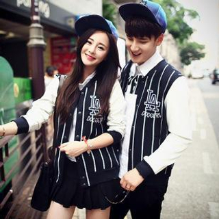 Simpair Striped Embroidered Couple Baseball Jacket