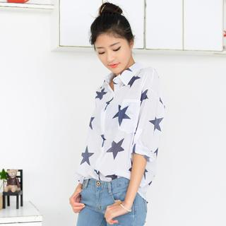 59 Seconds Star Pattern Loose-Fit Shirt White and Blue - One Size