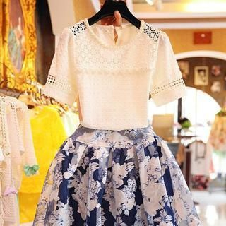 VIZZI Set: Crochet Studded Lace Top + Floral Skirt