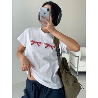 Short-Sleeve Round Neck Bow Print T-Shirt