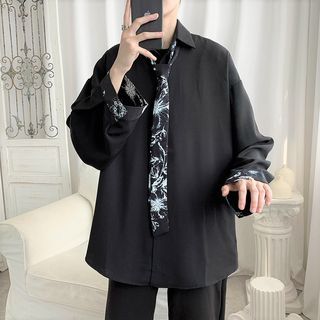 Set: Long-Sleeve Printed Loose-Fit Shirt + Neck Tie