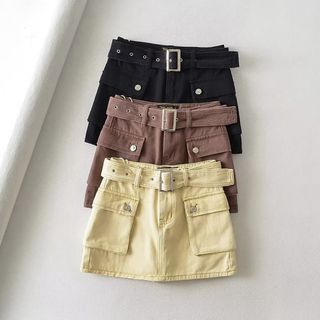 High Waist Plain Belted Cargo Skort