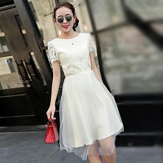 Romantica Short-Sleeve Lace Tulle Panel Dress