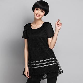 Mythmax Short-Sleeve Crocheted Panel Top