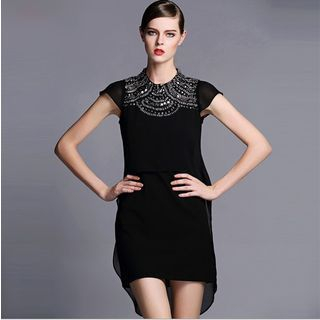 Ovette Sequined Cap-Sleeve Chiffon Dress