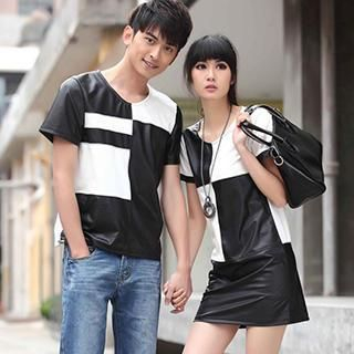 Igsoo Faux-Leather Short-Sleeve Couple Top / Shift Dress