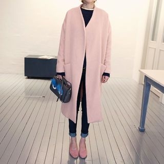 NANING9 Collarless Open-Front Wool Blend Coat