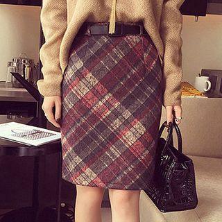 Fashion Street Plaid Woolen Skirt with Belt