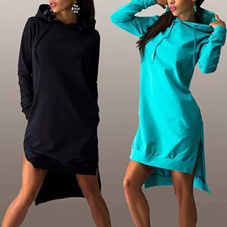Eloqueen Long-Sleeve Slit-Hem Hooded Dress