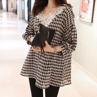 Jolly Club Long-Sleeve Lace Panel Check Top