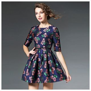 Elabo Elbow-Sleeve Knit Panel Floral Dress