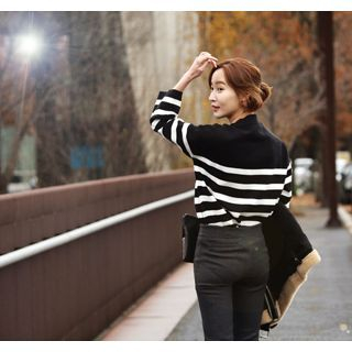 ssongbyssong Mock-Neck 3/4-Sleeve Striped Knit Top