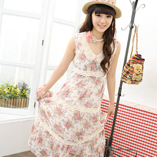 Crochet-Trim Floral Maxi Dress White - One Size