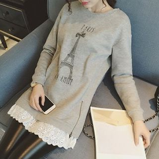 Adeline Eiffel Tower Print Long Sweater with Lace underlay