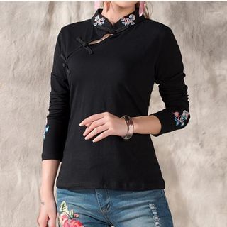 Sayumi Long-Sleeve Embroidered Stand Collar T-Shirt