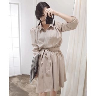 Reflower Tie-Waist Shirred A-Line Shirtdress