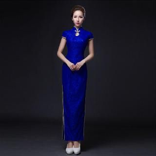 Posh Bride Short-Sleeve Lace Long Cheongsam