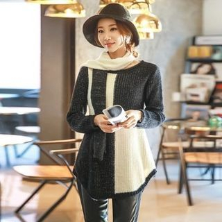 Styleonme Color-Block Sweater with Scarf
