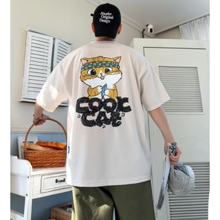 Short-Sleeve Cat Print Loose-Fit Tee