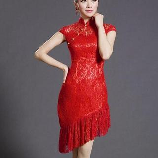 Miss Four Qipao Cap-Sleeve Mandarin Collar Lace Cocktail Dress