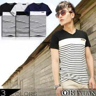 OBI YUAN Contrast-Color Panel Stripes V Neck T-Shirt