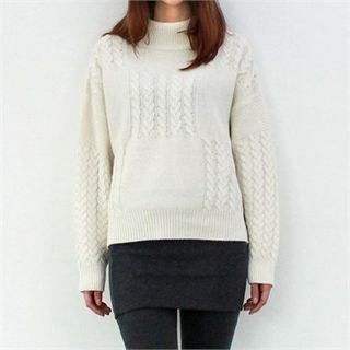 GLAM12 Wool Turtle-Neck Cable-Knit Top