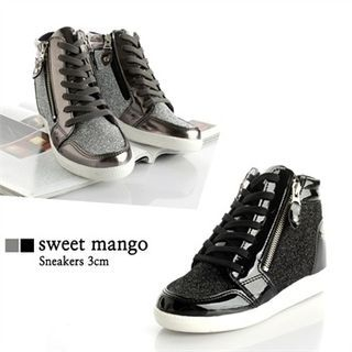 SWEET MANGO Zip-Up Glittered Wedge-Heel Sneakers
