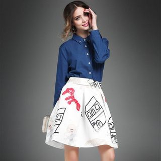 amorAdela Set: Embroidered Denim Shirt + Print Midi Skirt