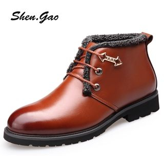 SHEN GAO Genuine-Leather Fleece-Lined Short Boots