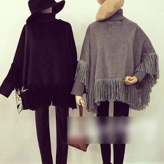 Octavia Fringed Turtleneck Cape Top