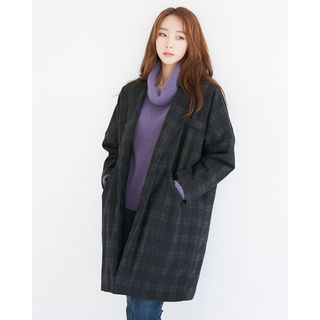 Someday, if Notched-Lapel Check Wool Blend Coat