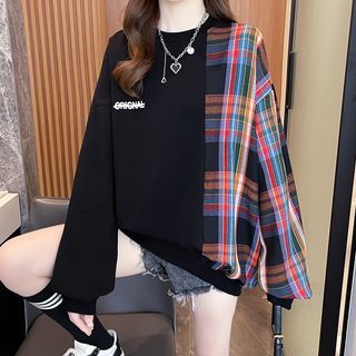 Crew Neck Letter Embroidered Plaid Panel Oversized Sweatshirt