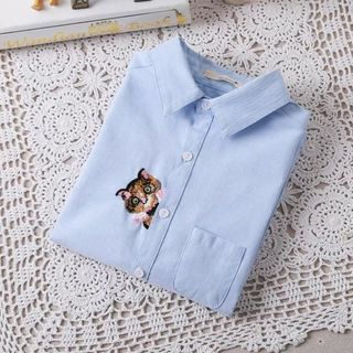 Aigan Long-Sleeve Embroidered Cat Shirt