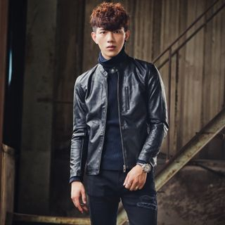 Chuoku Slim-Fit Stand-Collar PU Biker Jacket