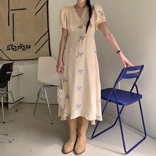 Flower Embroidery Long Empire Dress