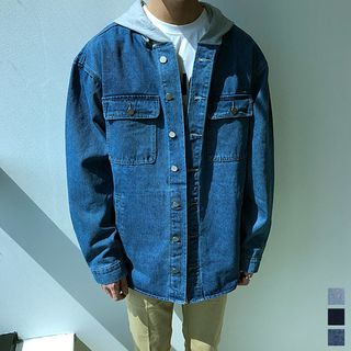 Hooded Boxy-Fit Denim Jacket - Asian Fashion