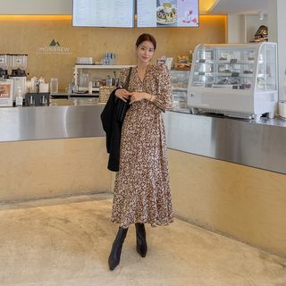 Surplice-Wrap Floral Long Dress