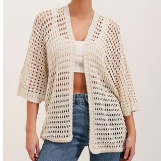 3/4 Sleeve Loose Knit Open-Front Cardigan Cream-One Size